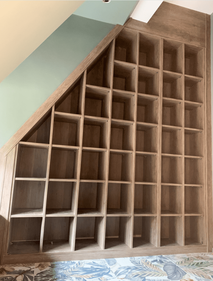 Custom-fitted angled shelving 