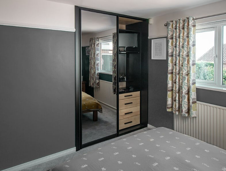 black framed mirrored two door wardrobe