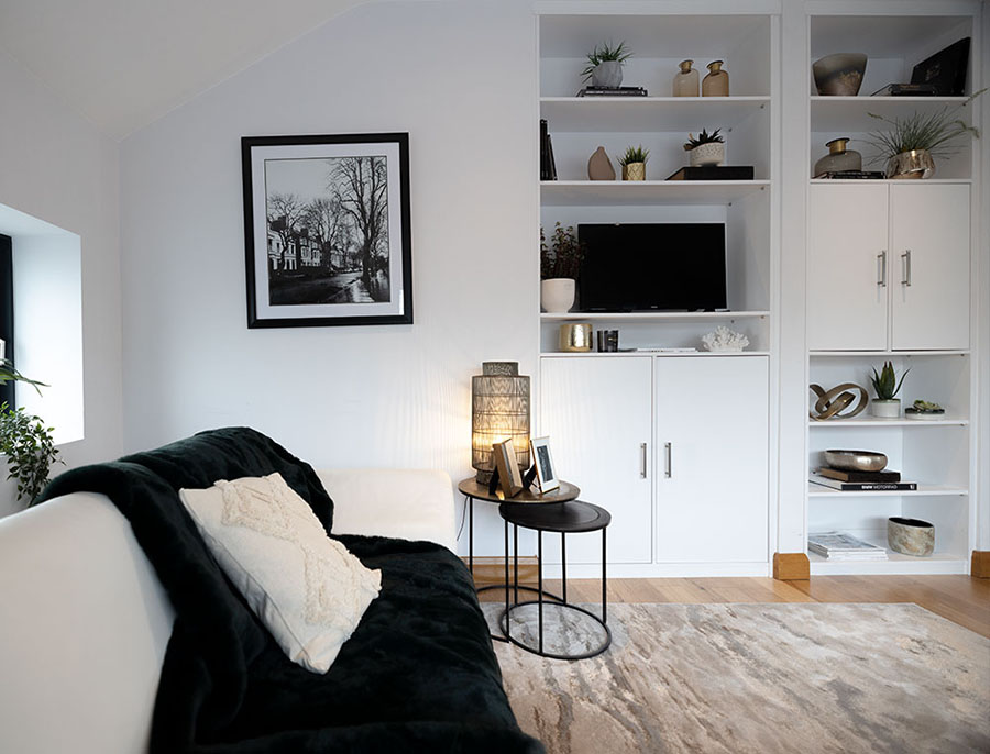 living area with shelving
