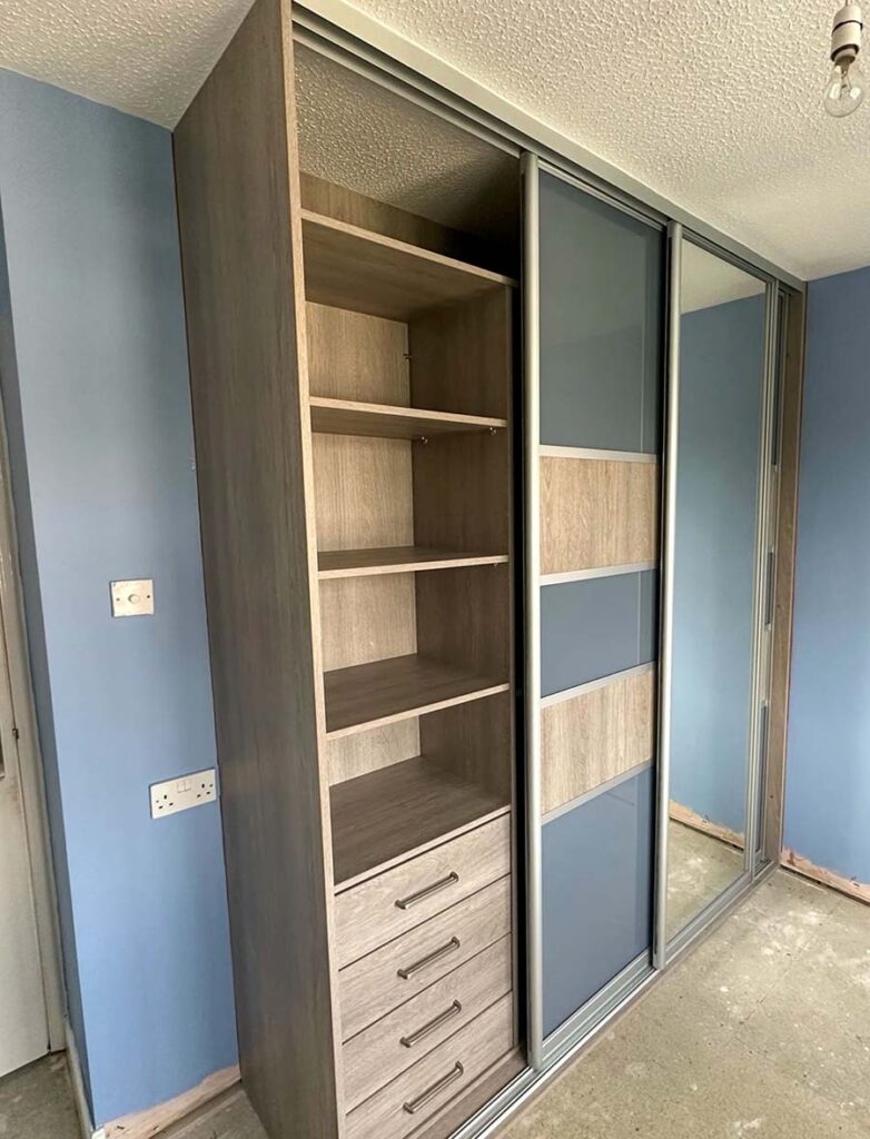 sliding woodgrain and glass wardrobe
