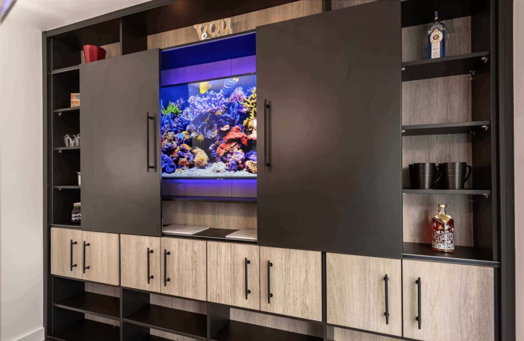 media unit with doors, hinge units and shelving