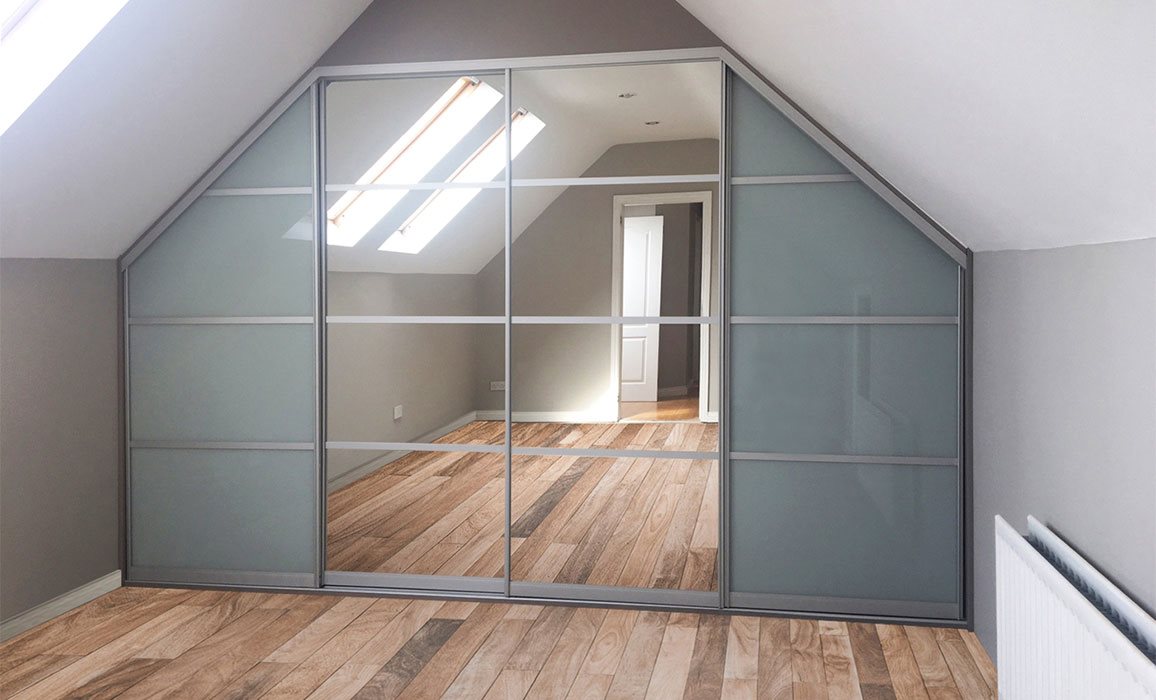angled sliding mirror and glass wardrobe