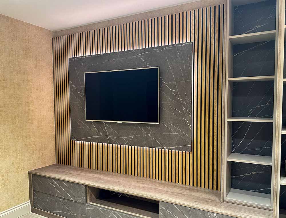 acoustic panel media wall with shelving