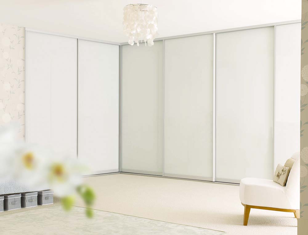 white glass sliding corner wardrobe