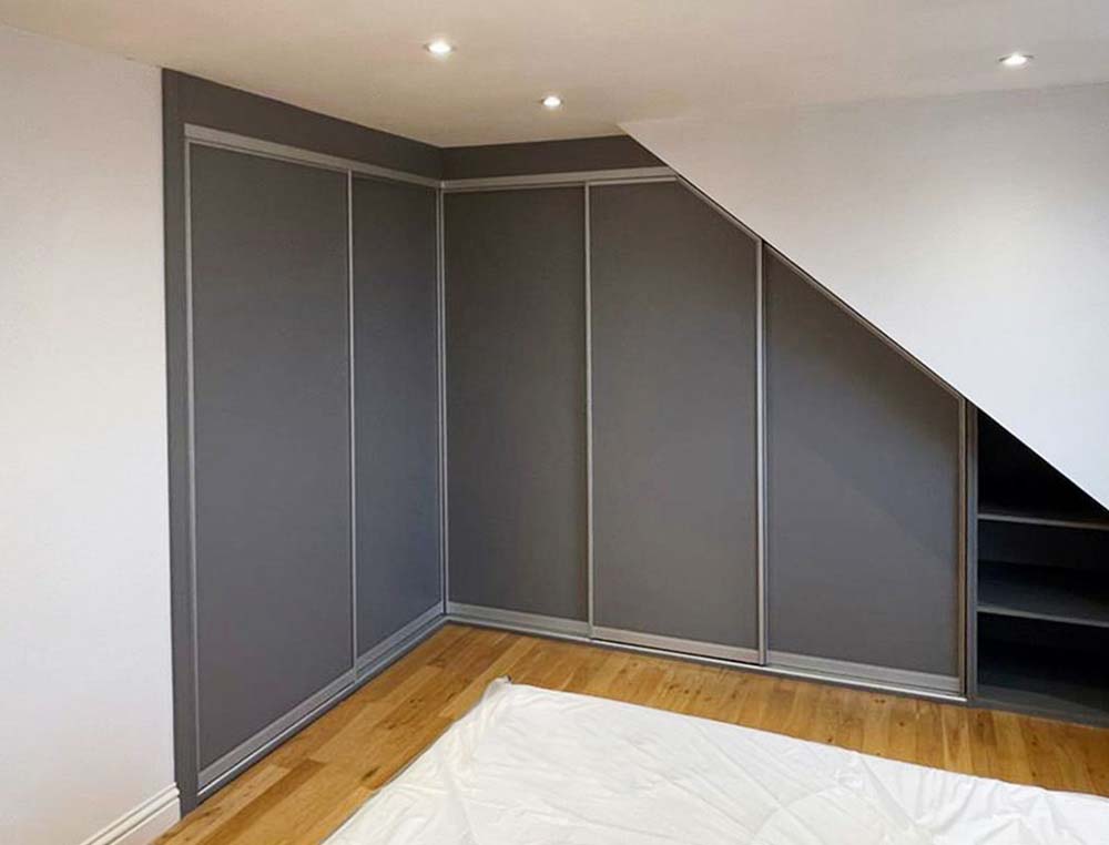 sliding angled dark grey wardrobe