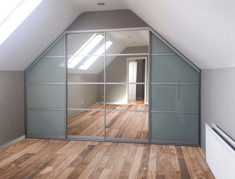 sliding angled mirror and glass wardrobe