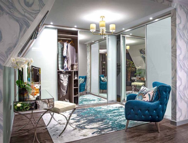 angled sliding wardrobe with glass and mirror